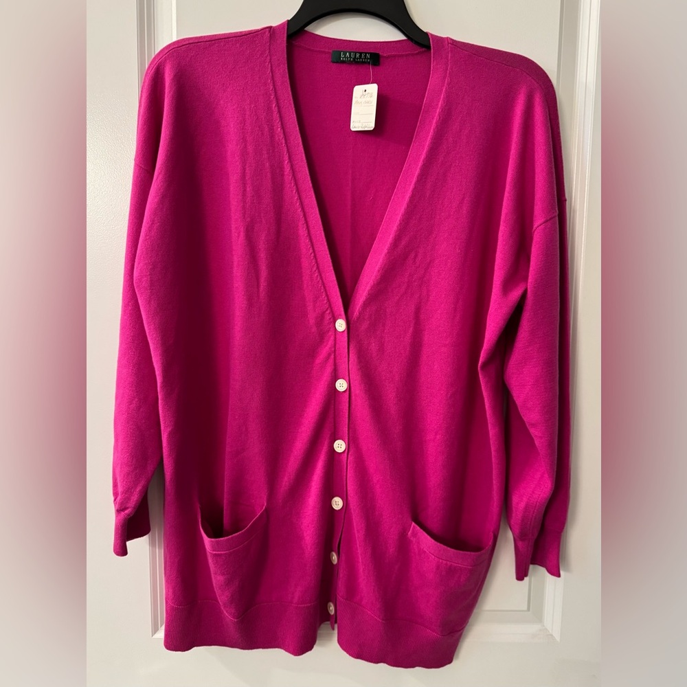 Lauren Ralph Lauren Bright Fuchsia Button-Front V-Neck Cardigan